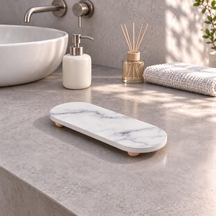 Marble Print Diatomite Stone Sink Caddy with Wooden Feet 30x10x0.9cm Bathroom Countertop Vanity Holder for Soap Sponge Home Amazing Shopping