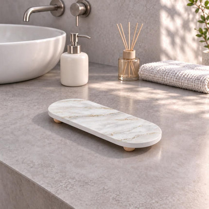 Venetian Marble-Effect Diatomite Vanity Pad on Round Timber Legs 30x10x0.9cm Water Draining Rest for Sink Toiletries Amazing Shopping