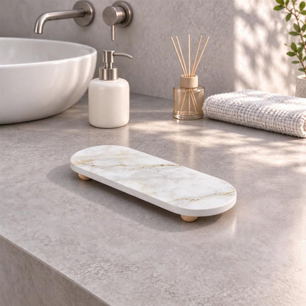 Diatomaceous Stone Water Catcher Pad Marble Pattern 7 on Beech Feet 30x10x0.9cm Sink Caddy for Liquid Soap & Sponge Amazing Shopping