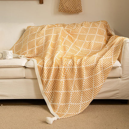 Lemon Yellow Diamond Lattice Knit Throw with Pom Tassels 70 x 260cm Breathable Warm Nap Shawl for Couch Office Lounging Home Amazing Shopping