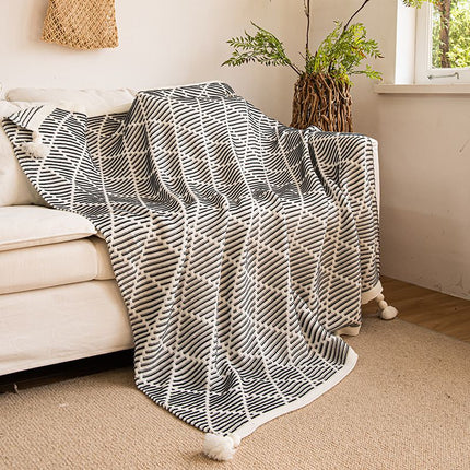 Black Diamond Lattice Knitted Throw 130 x 150cm Pom Pom Edge Cosy Nap Cover for Sofa Armchair Office Break Home Decor Amazing Shopping