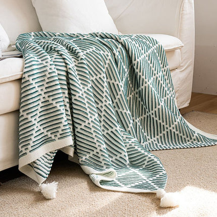 Green Dash Line Woven Knit Wrap 70 x 230cm Long Tassel Edge Acrylic Throw for Sofa Bed End Spring TV Lounging Xmas Gift Amazing Shopping
