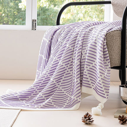Long 70x230cm Knitted Wrap Violet Purple White Dash Stitch Airy Acrylic Layer for Sofa Backrest, Bed Foot & Office Snooze, Xmas Gift Amazing Shopping