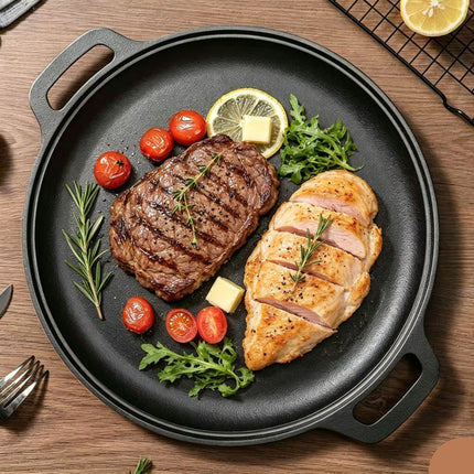 Large Double Handle Cast Iron Griddle Plate, Uncoated Thick Iron Pan for Big Batch Steak & BBQ Cooking, 42cm Griddle, Indoor & Outdoor Use, Christmas & Halloween Holiday Cookware Gift Amazing Shopping