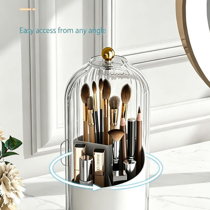 Rotating Birdcage Desk & Vanity Organiser, Dustproof Divided Storage Holder for Cosmetics, Skincare, Stationery, Toothbrushes & Cutlery, Transparent White, Christmas & Halloween Household Gift