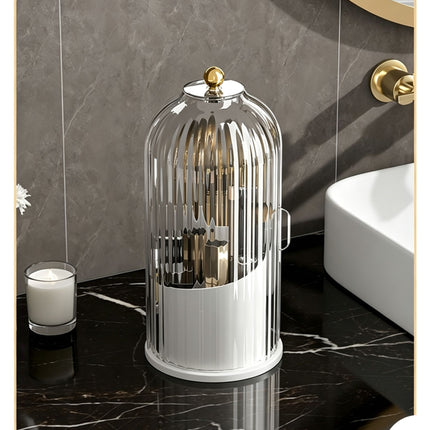 Rotating Birdcage Desk & Vanity Organiser, Dustproof Divided Storage Holder for Cosmetics, Skincare, Stationery, Toothbrushes & Cutlery, Transparent White, Christmas & Halloween Household Gift
