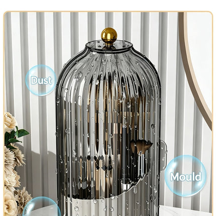 Rotating Birdcage Desk & Vanity Organiser, Dustproof Divided Storage Holder for Cosmetics, Skincare, Stationery, Toothbrushes & Cutlery, Transparent White, Christmas & Halloween Household Gift