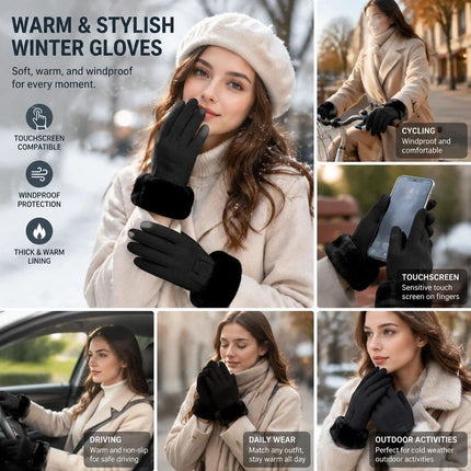 Black Fur Cuff Women's Windproof Fleece Touch Screen Bike Gloves