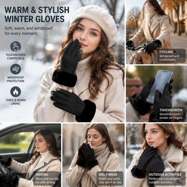 Black Fur Cuff Women's Windproof Fleece Touch Screen Bike Gloves
