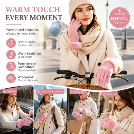 Light Pink Fur Cuff Women's Thermal Touch Screen Cycling Gloves