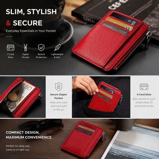 Red Vertical Mini Lychee Grain Card Case Slim Zipper Card Holder Portable Coin Purse