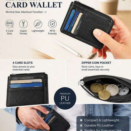 Red Vertical Mini Lychee Grain Card Case Slim Zipper Card Holder Portable Coin Purse