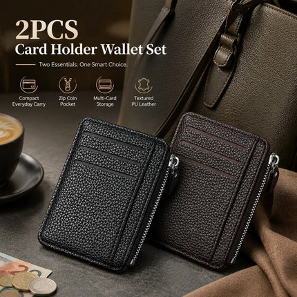 Black & Coffee Vertical Card Wallet Set 2Pcs Lychee Texture Multi Slot Coin Purse Kit