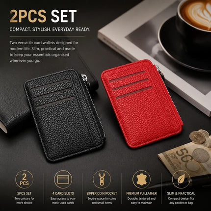 Black & Red Vertical Card Holder 2Pcs Set Lychee Grain Zipper Business & Casual Use