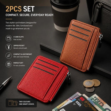 Brown & Red Vertical Card Wallet 2 Pack Lychee Grain Zipper for Travel Outfit Matching