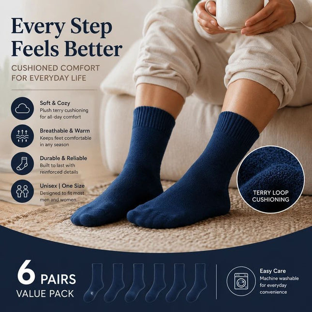 Navy Warm Fleece Terry Wool Socks Adult Unisex Loose Top Winter Socks 6 Pairs