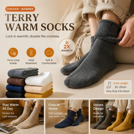 Black Warm Fleece Terry Wool Socks Adult Unisex Loose Top Winter Socks 6 Pairs