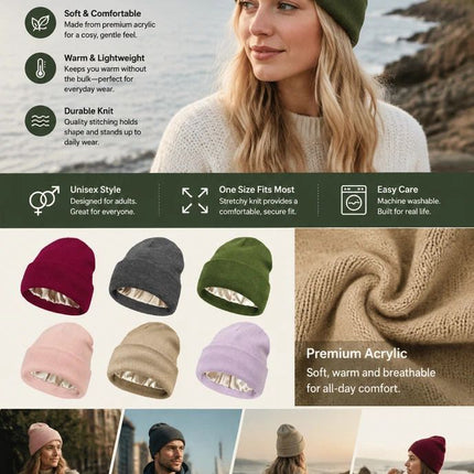 Green Thick Knit Beanie Windproof Simple Winter Headwear 1Pc