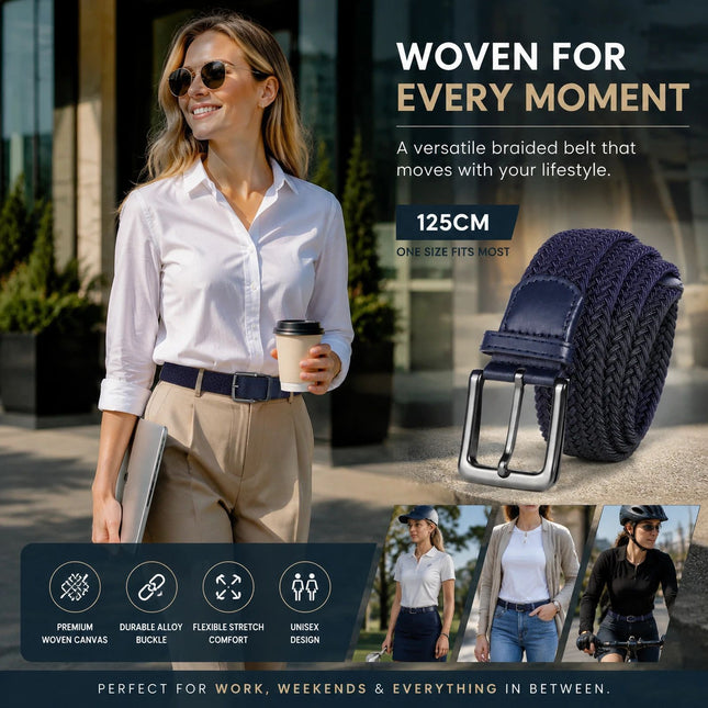Navy Blue 125cm Canvas Waist Belt Elastic Woven Stretch Fashion Golf Strap