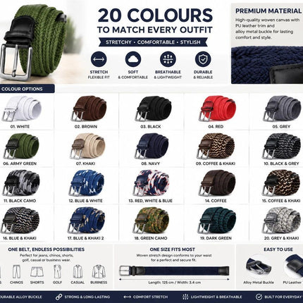 Navy Blue 125cm Canvas Waist Belt Elastic Woven Stretch Fashion Golf Strap