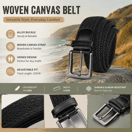 Black Grey Mixed Woven Golf Belt 125cm Stretch Elastic Canvas Trouser Strap