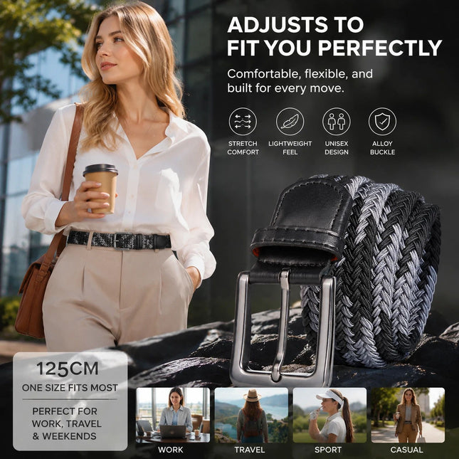 Double Black Grey Canvas Waist Strap 125cm Elastic Stretch Unisex Golf Belt