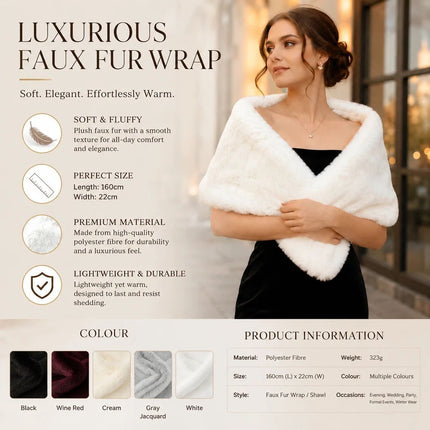 Grey Jacquard Fluffy Faux Fur Wrap Ladies Evening Party Stole