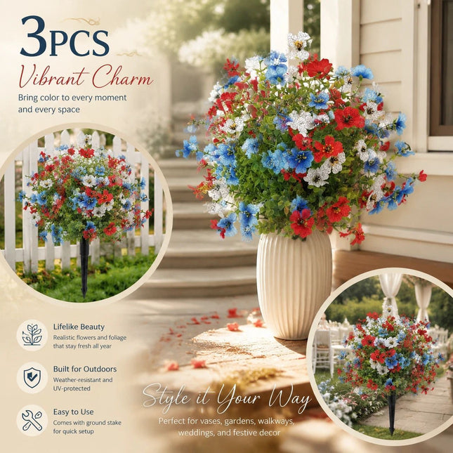 Red Blue White Mixed Artificial Stems 3 Pack Home Garden Landscape Greenery