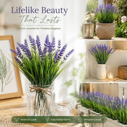 Purple 7 Fork Artificial Lavender Bouquet Spring Grass Fake Flower Decor 3 Pack