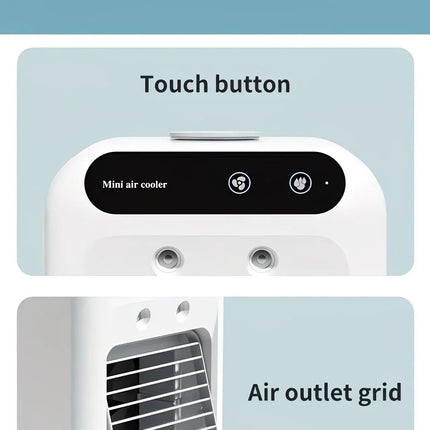 USB rechargeable mini air conditioning fan, supports USB/wireless charging. Features 3-speed wind, cooling, and humidification levels. Powered by a lithium battery, lightweight and compact, ideal for desktop cooling in both office and home settings.