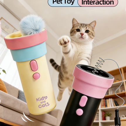 Electric Cat Fishing Wand Toy: One-Button Launch with Spring Retraction, the Perfect Stress-Relief Toy for Human-Pet Interaction/Blue head [gift battery *2+ replacement head *2+ screwdriver
