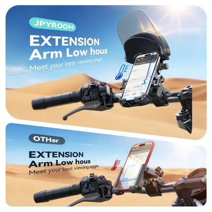 Riding phone mount: anti-vibration, anti-loosening, quick release; extended arm and sun visor for clear visibility in bright light; rock-solid in rain and on rough roads; compatible with all vehicles, perfect for commuting and off-road riding.