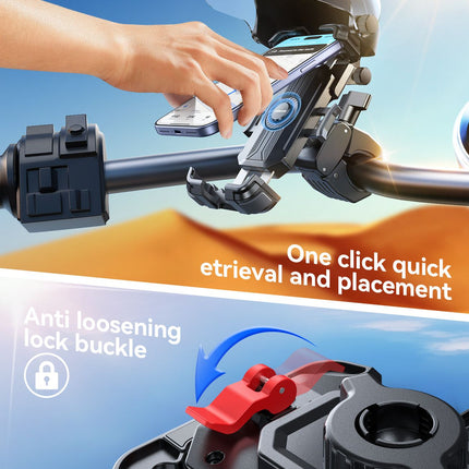 Riding phone mount: anti-vibration, anti-loosening, quick release; extended arm and sun visor for clear visibility in bright light; rock-solid in rain and on rough roads; compatible with all vehicles, perfect for commuting and off-road riding.