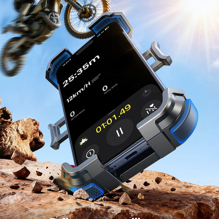 Riding phone mount: anti-vibration, anti-loosening, quick release; extended arm and sun visor for clear visibility in bright light; rock-solid in rain and on rough roads; compatible with all vehicles, perfect for commuting and off-road riding.