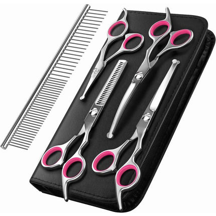 5 Pieces Dog Grooming Scissors, Titanium Coated Stainless Steel Pet Grooming Tool Set, Thinning Straight Curved Shear and Comb, Pink