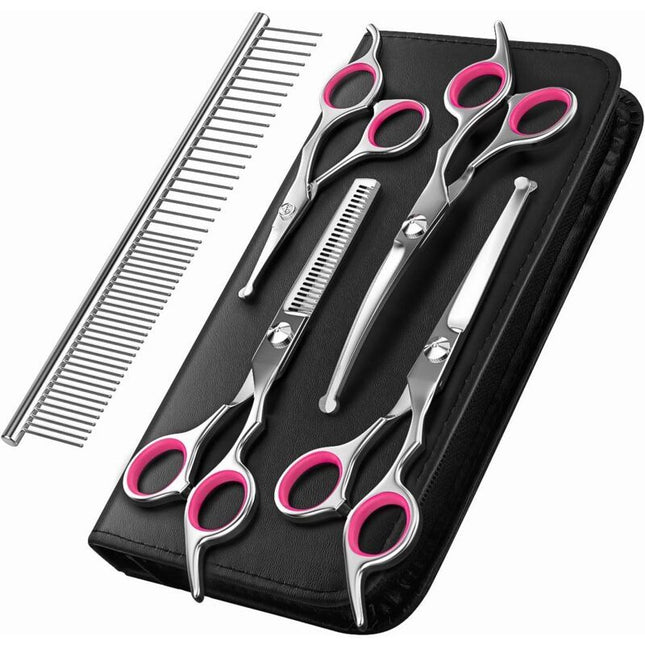 5 Pieces Dog Grooming Scissors, Titanium Coated Stainless Steel Pet Grooming Tool Set, Thinning Straight Curved Shear and Comb, Pink