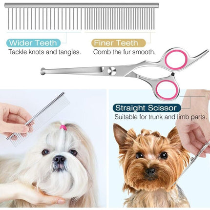 5 Pieces Dog Grooming Scissors, Titanium Coated Stainless Steel Pet Grooming Tool Set, Thinning Straight Curved Shear and Comb, Pink
