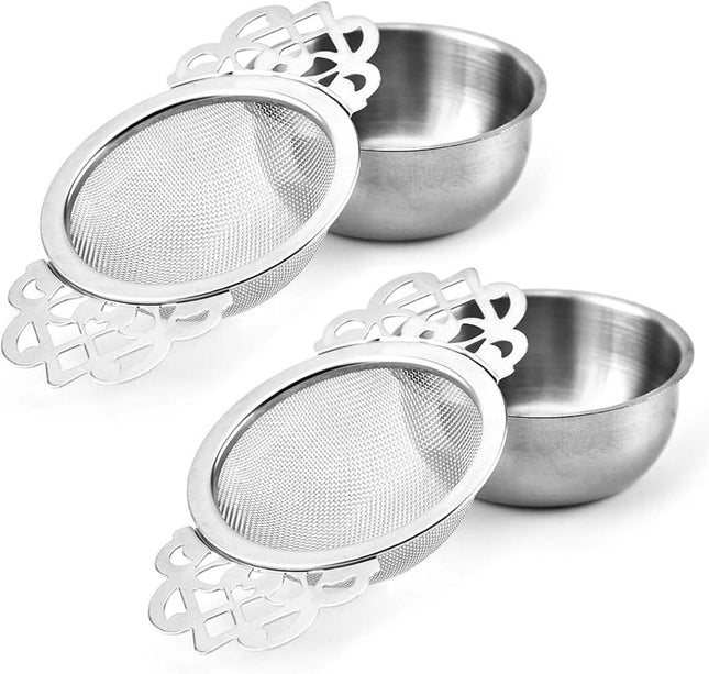 2 Pack Stainless Steel Tea Infuser Strainer With Ultra Fine Mesh And Dual Wing Handles For Loose Leaf Tea Cups And Mugs With Drip Tray Set Silver Amazing Shopping
