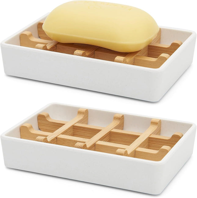 Bamboo Soap Dish, Wooden Soap Bar Holder Tray with Non-Slip Pads, Easy to Clean and Durable, White Square Amazing Shopping