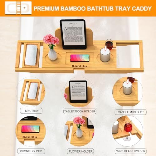 Bamboo Bathtub Tray Caddy Expandable Bath Tub Rack with Wine Glass, Book and Phone Holders, 36 x 22 x 2.9 cm Amazing Shopping