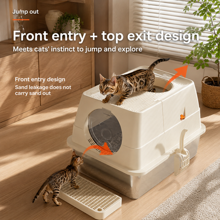 Cream White Large Stainless Steel Cat Litter Box, Foldable Covered Cat Litter Tray with Round Top & Round Door, Front Entry Top Exit, Anti Tracking Mat, Scoop and Charcoal Filter
