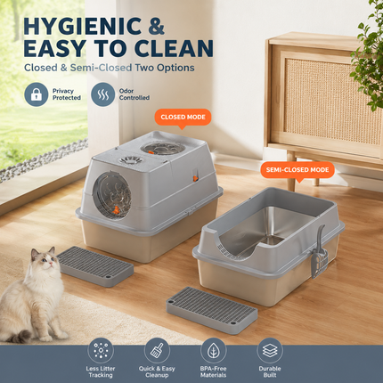 Dark Grey Extra Large Stainless Steel Cat Litter Box, Foldable Covered Cat Litter Tray with Round Top & Round Door, Front Entry Top Exit, Anti Tracking Mat, Scoop and Charcoal Filter