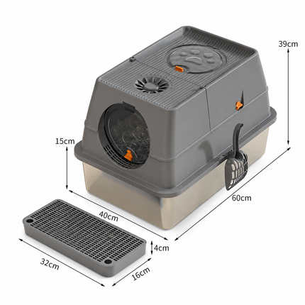 Dark Grey Large Stainless Steel Cat Litter Box, Foldable Covered Cat Litter Tray with Round Top & Round Door, Front Entry Top Exit, Anti Tracking Mat, Scoop and Charcoal Filter