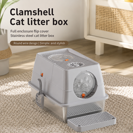 Dark Grey Large Stainless Steel Cat Litter Box, Foldable Covered Cat Litter Tray with Square Top & Square Door, Front Entry Top Exit, Anti Tracking Mat, Scoop and Charcoal Filter