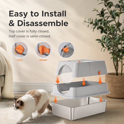 Dark Grey Large Stainless Steel Cat Litter Box, Foldable Covered Cat Litter Tray with Square Top & Square Door, Front Entry Top Exit, Anti Tracking Mat, Scoop and Charcoal Filter