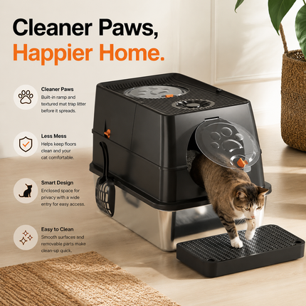Dark Grey Large Stainless Steel Cat Litter Box, Foldable Covered Cat Litter Tray with Round Top & Square Door, Front Entry Top Exit, Anti Tracking Mat, Scoop and Charcoal Filter