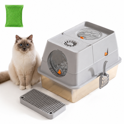 Light Grey Large Stainless Steel Cat Litter Box, Foldable Covered Cat Litter Tray with Round Top & Round Door, Front Entry Top Exit, Anti Tracking Mat, Scoop and Charcoal Filter