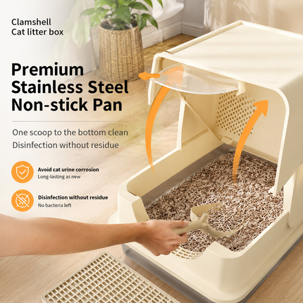 Light Grey Large Stainless Steel Cat Litter Box, Foldable Covered Cat Litter Tray with Round Top & Round Door, Front Entry Top Exit, Anti Tracking Mat, Scoop and Charcoal Filter