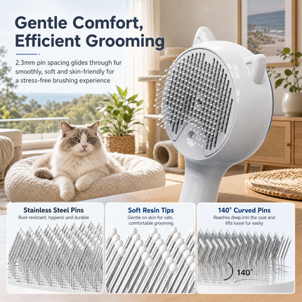 Pink Pet Spray Grooming Brush for Cats and Dogs, Rechargeable Self Cleaning Slicker Brush with Fine Mist, 30ml Water Tank, 500mAh Battery, One Click Fur Release, Type-C Charging