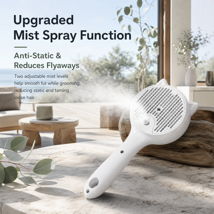 Pink Pet Spray Grooming Brush for Cats and Dogs, Rechargeable Self Cleaning Slicker Brush with Fine Mist, 30ml Water Tank, 500mAh Battery, One Click Fur Release, Type-C Charging